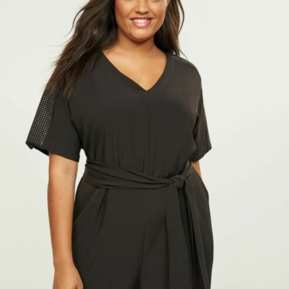 Jumpsuit 16  Black Studded Sleeves Crepe Pants 1 Piece Romper Stretch Plus NWT - Picture 4 of 5